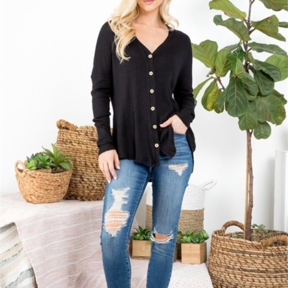 BLACK CASUAL BUTTON DETAIL LONG SLEEVE TOP - Picture 7 of 8